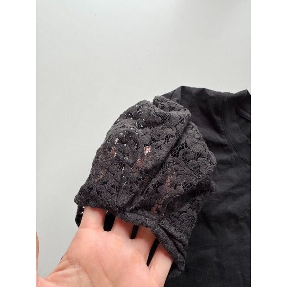 THE KOOPLES Black Cotton Jersey Lace Puff Sleeve Crew Neck T-Shirt Top, Size 1/S - Picture 7 of 11